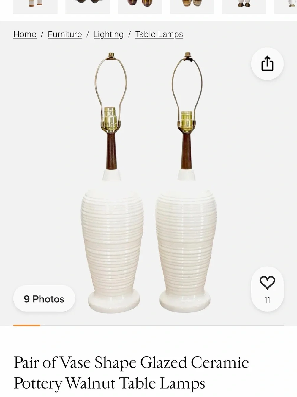 mid-century modern ribbed white glazed ceramic and walnut vase-shaped table lamp